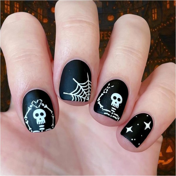 Short Press on Nails Square Halloween Fake Nails Black Matte