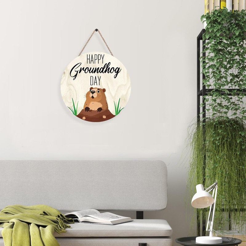 Groundhog Day Round Sign 12x12in - Minimalist Wood Plaque with