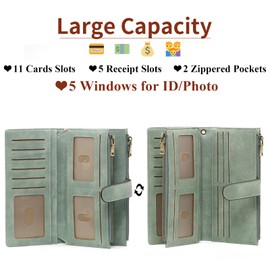 GOIACII Wallet for Women RFID Blocking Large Capacity Long Ladies Purse,with Detachable Wrist Strap, Multiple Card Slots Zipper Coin Purse Leather Women's Wallets