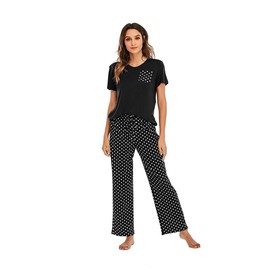 Voopptaw Swiss Dot Pajamas for Womens Cotton Comfy Pjs Set Short Sleeve V Neck & Floral Jogger Sleewear Loungewear Nightwear Summer Pjs with Pockets Black XXL