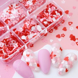 Valentine’s Day Nail Art Glitter Sequins, 6 Grids 3D Heart Nail Art Supplies Pink White Red Heart Butterfly Flower Nail Designs Heart Nail Flakes Sparkly Accessories for Women Acrylic Nails Decoration
