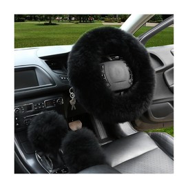 Ohleats 3PCS Pure Wool Steering Wheel Cover, 15 Inches Furry Steering Wheel Protector with Handbrake & Gear Shift Cover, Universal Soft Fluffy Steering Wheel Car Accessories (Black)