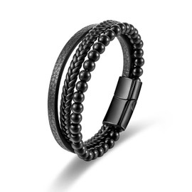 Pulsera Cuero Hombre, Regalos para Papá Dia del Padre Original, pulsera trenzada de piel personalizada, Brazalete Caballero, Joyería Regalos para Hombres Papá Esposo Novio Cumpleaños (negro)