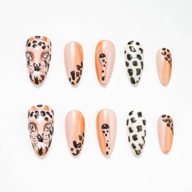 FORBELOVED NAILS|Nude Hand-pained Leopard Handmade Press On Nails|Medium Almond Stick On Nails|Charming 3D Texture Tails False Nails For Women And Girls|10Pcs/Set With Glue|(Nude-M)|FOB