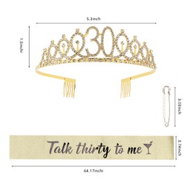 KIUEZIR 30th Birthday Tiara & Sash Set - Gold Alloy Crystal Crown with Non-Slip Comb, Glitter Fabric Talk Thirty to Me Sash for Birthday & Anniversary, Womens Celebration Party Accessories