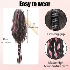 MIUPOO Womens Braided Hairpiece with Claw Clip,Fountain Ponytail Claw Clip,Boxing Braids Hair,Womens Wigs Long Hair,Colorful Highlights High Ponytail,Pink