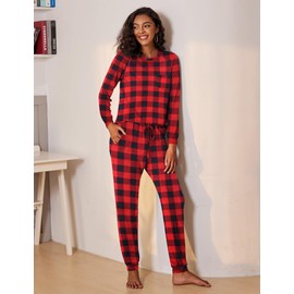 Ekouaer Womens Pajamas Set Long Sleeve Loungewear Soft Lounge Set Joggers with Pockets,Medium,Red and Black Plaid