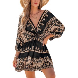 CUPSHE Women Backless Mini Summer Dress Cover Up Plunging V Neck Half Blouson Sleeve Elastic Waist Back Tie Casual Sundress Beach Dress, Black Brown L