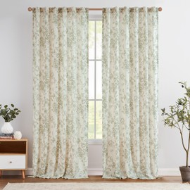 jinchan Linen Floral Curtains 96 Inch Length for Living Room Bedroom Light Filtering Farmhouse Peony Flower Drapes Rustic Window Curtain Set Rod Pocket Back Tab 2 Panels Green