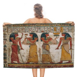 Vintage Mystical Ancient Egyptian Soft Absorbent Beach Towel, Beautiful Rustic Egypt Pharaoh&Queen Hieroglyphics Travel Vacation Single-Sided Printed Beach Towel-31 W x 51" L