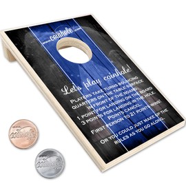 Coinhole Mini Cornhole Game Set | Portable Tabletop Bean Bag Toss Game for Indoor & Outdoor Fun | Includes Coins for Game Play (Single Board Play Blue & Black)