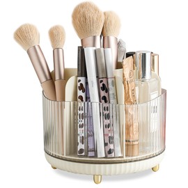 Veki 360°Rotating Makeup Brush Holder Organizer, Makeup Organiser for Dressing Table, Cosmetic Brush Holder for Bathroom and Vanity, Cosmetic Brushes Container Storage for Lipstick Eyeliner (Beige)