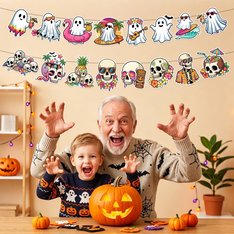 YVAINE Summer Halloween Banner, 4PCS Funny Hawaii Skeleton Novelty Halloween