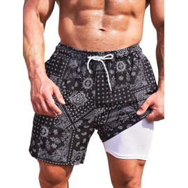 Floerns Men's Swim Trunks with Compression Quick Dry Shorts Swim Board Shorts Black L