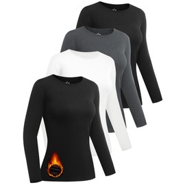 Dalavch 4 Pack Women Thermal Long Sleeve Shirts Crew Neck Double-Sided Fleece Lined Base Layer Undershirt Tops Cold Weather 2 Black 1 Heather Grey 1 White X-Large