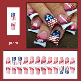 24Pcs 4th Of July Press On Nails Duck Fake Nails Star With Glitter Line Design Medium French Tip False Nails Independence Day Acrylic Nails Full Cover Glue On Nails Reusable Stick On Nails For Women