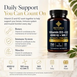 Vitamin D3 4000 IU + K2 MK7 100mcg Tablets, 1 Year Supply, 365 Tablets, High Strength Vitamin D3 K2 Supplement for Bone and Immune Support, 1 A Day, UK Made Vegetarian