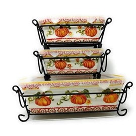Temp-tations Set of 3 (1 Regular, 2 Mini) Loaf Pans w/Plastic Covers & Wire Racks, Stoneware (Old World Pumpkin)