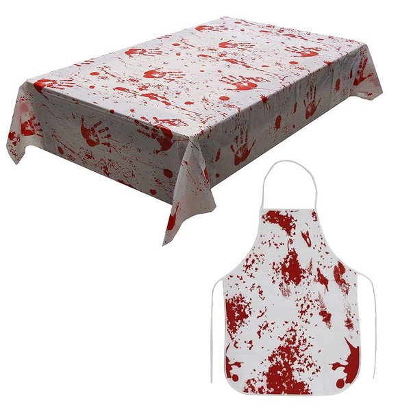 Gawertoy Halloween Bloodstained Tablecloth and Bloody Apron Set, Scary Halloween