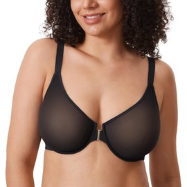 DELIMIRA Women's Cosnufy Posture Front Closure Bras Sheer Mesh Plus Size Underwire Unlined Bra Black 38E