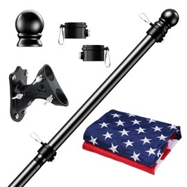 PHITRIC Flag Pole Kit with 3x5 American Flag, Tangle Free Spinning Stainless Steel Rustproof Flagpole for 3x5 Sports Fan Outdoor Flags for Outside House (Black, 5FT, with Bracket)