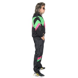 Foxxeo 80s Costume for Adults Premium 80s Tracksuit Assi – Men's Size S–XXXXL – Carnival Suit, Colour Black/Green/Pink, Size: L:
