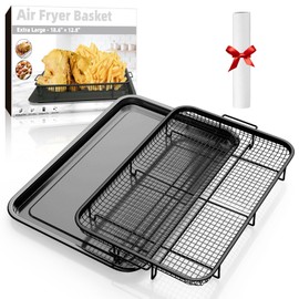 Air Fryer Basket for Oven, Extra Large 18.8" x 12.8" Oven Air Fryer Basket and Tray Set with 30 PCS Parchment Papers, DEGOVIN Stainless Steel Oven Pan and Crisper Tray (Black)