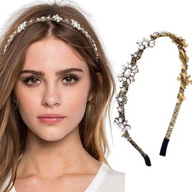 Fdesigner Baroque Rhinestones Headband Pearl Crystal Flower Hair Bands Thin Diamond Hair Hoop for Women (Bronze)