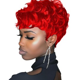 MOONSHOW Short Red Curly Wigs for Black Women Red Pixie Cut Wig with Bangs Natural Wavy Synthetic Hair Wigs Fluffy Pixie Wig for Women Synthetic Short Red Pixie Cut Layered Wigs(Red)