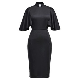 Catholic Church Women Ruffle Sleeve Pencil Dress Elegant Priest Clergy Dresses with Tab Insert Collar (XX-Large, Black)