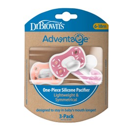 Dr. Brown's Advantage One-Piece Silicone Baby Pacifier, Fully Symmetrical Soother, Coral/Light Pink/Pink, 6-18m, BPA Free, 3 Pack