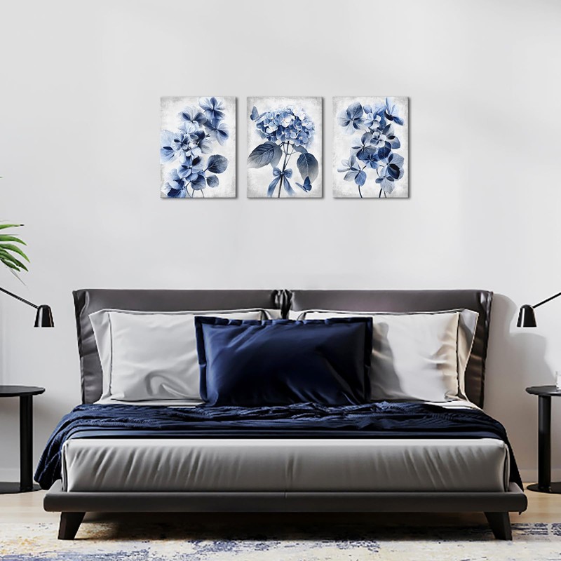 RyounoArt Blue Flower Pictures Navy Blue Hydrangea Wall Art Canvas