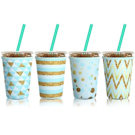 Patelai 4 Pieces Reusable Coffee Sleeve Cup Insulator for Cold Drinks Beverages and Holder for Most Coffee (22-24 oz Medium,Green Gold Style)