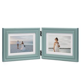 WISADD Horizontal 5X7 Picture Frames Double Hinged Wood Folding Photo Frames with Real Glass Front Fit for Desktop or Tabletop Display Pictures 4x6 with Mat or 5x7 Without Mat, Teal Blue XLAN-H75X2