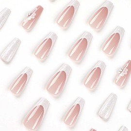 RikView French Tip Press on Nails Long Acrylic Nails White Coffin Fake Nails with Flowers Design Full Cover Nails 24 PCs/Set