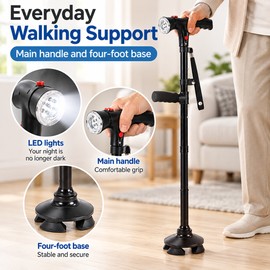 Folding Walking Cane with LED Light & Alarm – Adjustable Height for Everyday Support
