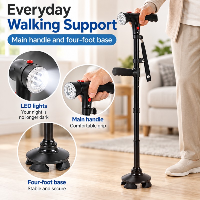 Folding Walking Cane with LED Light & Alarm – Adjustable
