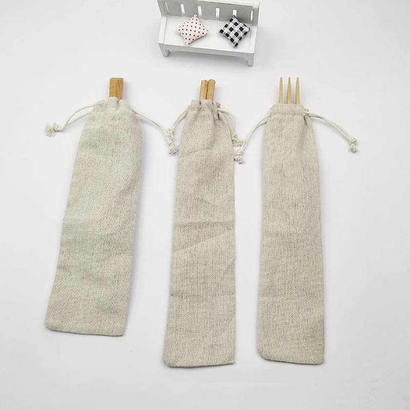 6Pcs Cotton Linen Drawstring Bag Cutlery Fork Spoon Chopsticks Straw