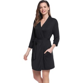Joyaria Women's Lightweight Sauna Bathrobe Short Sauna Robe Kimono Robe House Coat Sleepwear Bamboo V-Neck 3/4 Sleeves S-XXL, black
