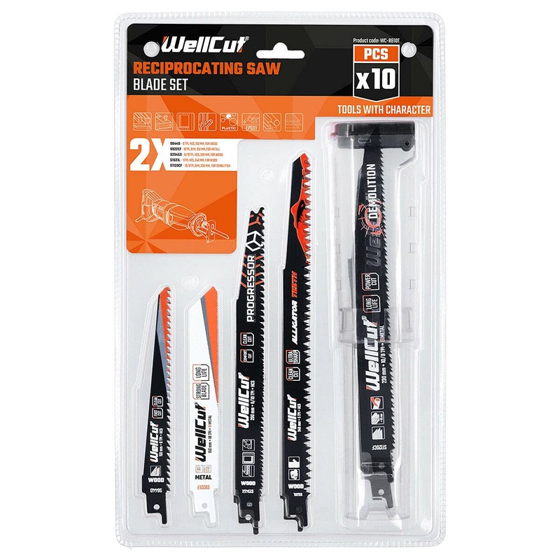 WellCut Reciprocating Saw Blade Set, 10 Pieces, for Wood, Plastic