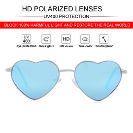 JOVAKIT - anteojos de sol polarizadas de corazón para mujer, estilo encantador con marco de metal UV400, B2 Plata/Espejo Azul, lenswidth