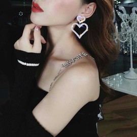 Aneneiceera Rhinestone Earrings Crystal Heart Dangle Earrings Heart Stud Silver Large Tassel Heart Drop Earrings Sparkly Heart Hoop Earrings Wedding Bridal Heart Earrings for Women and Girls(Silver)