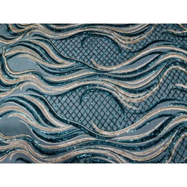 NEW CREATIONS FABRIC AND FOAM INC HUNTER GREEN/MATTE GOLD FLAME DESIGN WITH SEQUINS ON A 4 WAY STRETCH MESH.BTY