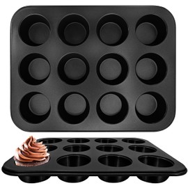 Satax Muffin Pan for Baking, Nonstick Cupcake Tin 12 Cup,sets of 2,Heavy Duty Steel Muffin Pan (Black, 12-cup)