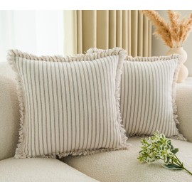 LIGICKY Set of 2 Fringe Cushion Covers with Tassels Khaki Boho Farmhouse Striped Throw Pillow Covers Soft Square Cushion Cases for Sofa Couch Bed Living Room Decor, 18 x 18 inch