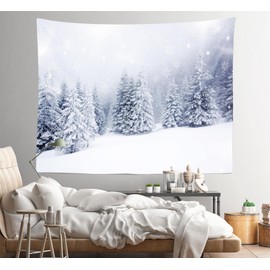 CORFOTO Fabric Winter Pine Forest Snowflake Tapestry Wall Hanging Snow Gleams Retro Winter Wonderland Christmas Tapestry for Kids Men Bedroom Living Room Dorm Decor Picture Wallpaper 70Wx47H inches