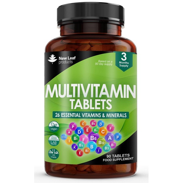Multivitamin & Minerals 26 Essential Active Vegan High Strength Multivitamin Tablets for Women & Men with Iron A-Z Complete Daily Vegan Vitamins Gluten Free GMO Free (3 Month Supply) UK Made New Leaf