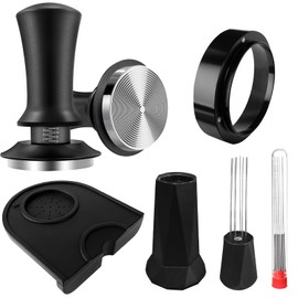 Coffee Tamper 51 mm Set, Upgraded Espresso Tamper Set Including WDT Tool, Dosing Ring 51 mm, Tamper Mat, 304 Stainless Steel Coffee Tamper with Scale Setting for Cafés Coffee Lovers Home Office