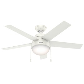 Hunter 46 inch Indoor Ceiling Fan with LED Light - White Ceiling Fan with Pull Chain, For Bedroom, Living Room, or Kitchen, Standard Mount, No Remote, 5 Blades - Anslee 59266, Fresh White