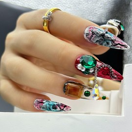 Press on Nails Handmade Luxury Long Style Almond Reusable Party Nail for Women and Girls 10pcs (Red Spider, M)